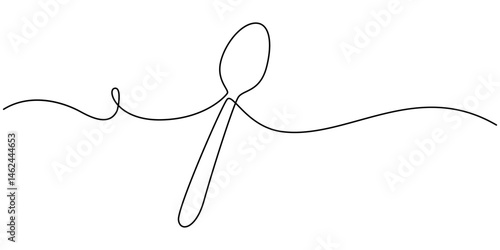 Silverware Continuous Line Icon, Cuisine continuous line drawing with color shapes, Cutlery Continuous Line Illustration, Fork and spoon icon vector, Black and White kitchen stainless steel spoon.