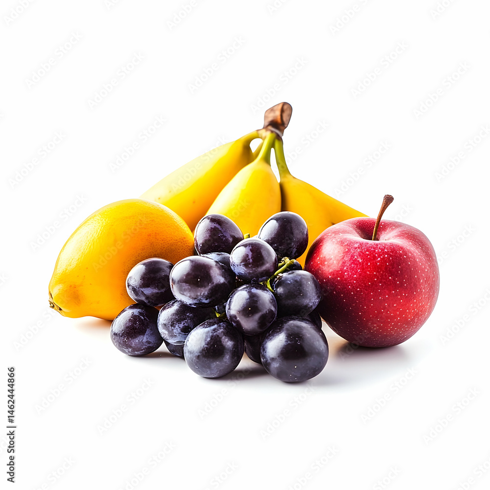 Fresh fruit arrangement apple grapes bananas and lemon against white Fresh fruit arrangement apple grapes bananas and lemon against white