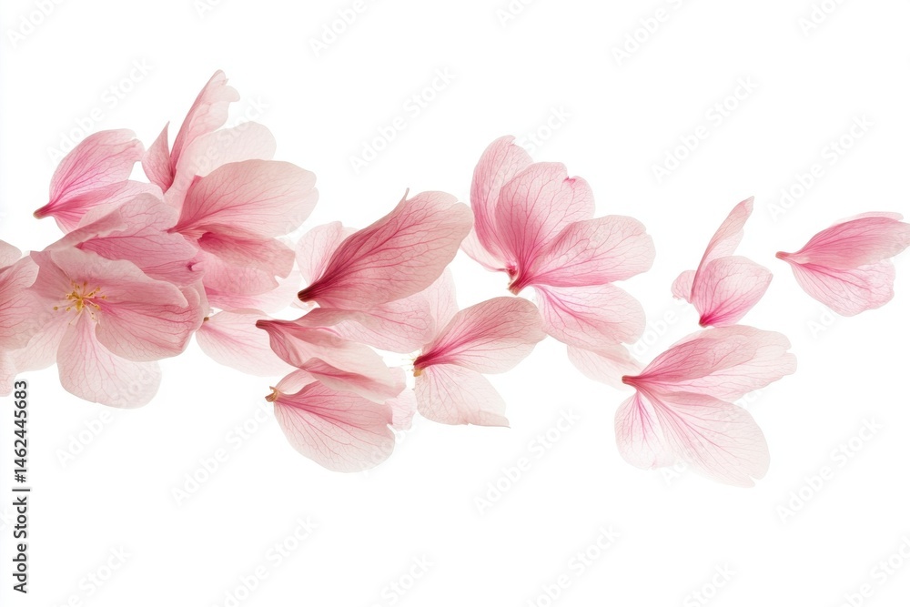 Soft pink flower petals floating in air, isolated on white background Soft pink flower petals floating in air, isolated on white background