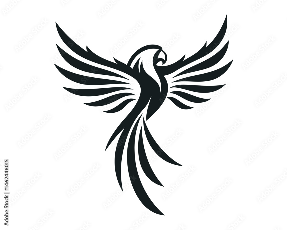 Abstract bird with vine embellishments, monochrome tattoo design illustration on a white background Abstract bird with vine embellishments, monochrome tattoo design illustration on a white background