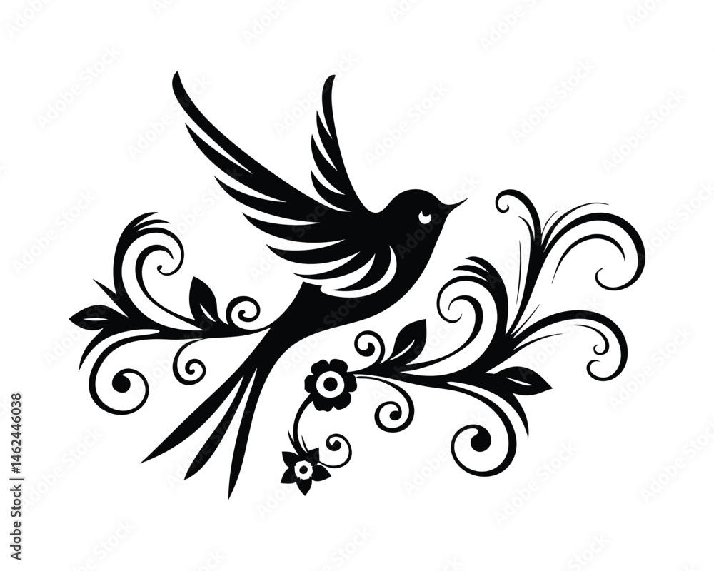 Obraz premium Ornate tribal hummingbird tattoo, decorative black and white bird vector on a white background