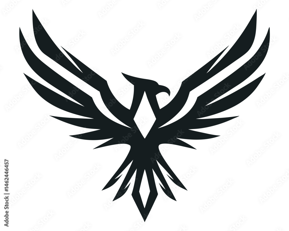 Obraz premium Elegant bird silhouette with spread wings, monochrome avian vector icon on a white background