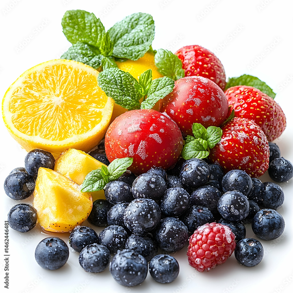 Fresh fruit assortment with strawberries blueberries lemon and mint Fresh fruit assortment with strawberries blueberries lemon and mint