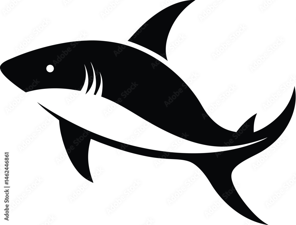 Fototapeta premium Shark silhouette, Black shark silhouette collection, shark silhouette vector illustration on a white background