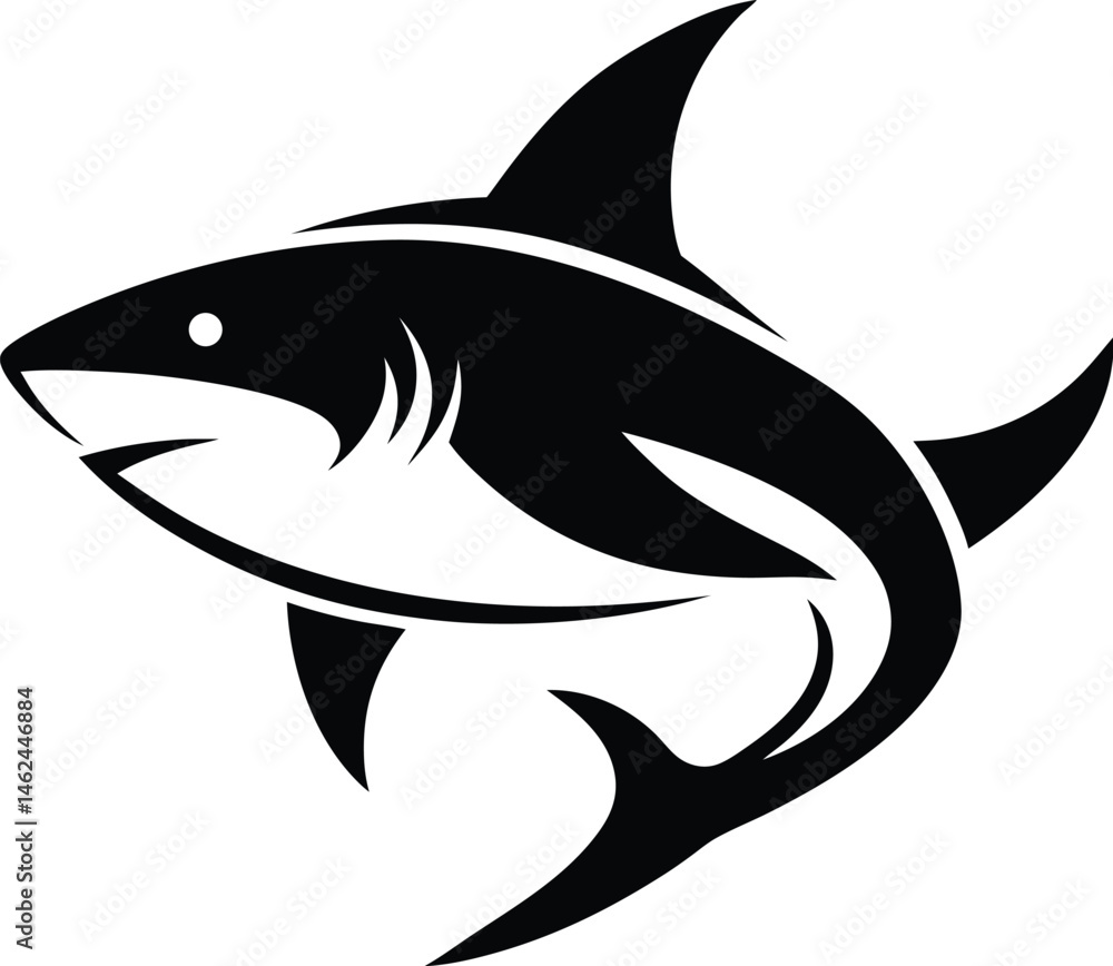 Fototapeta premium Shark silhouette, Black shark silhouette collection, shark silhouette vector illustration on a white background