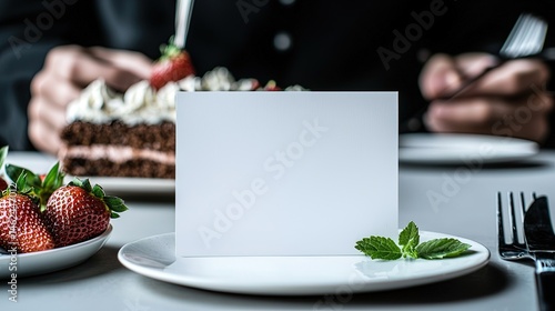 Blank note card placed on a table with cake and berries.