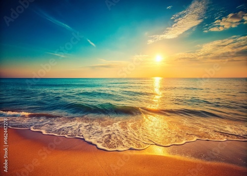 Vintage Seascape: Calm Ocean, Azure Sky, Coastal Landscape Photography