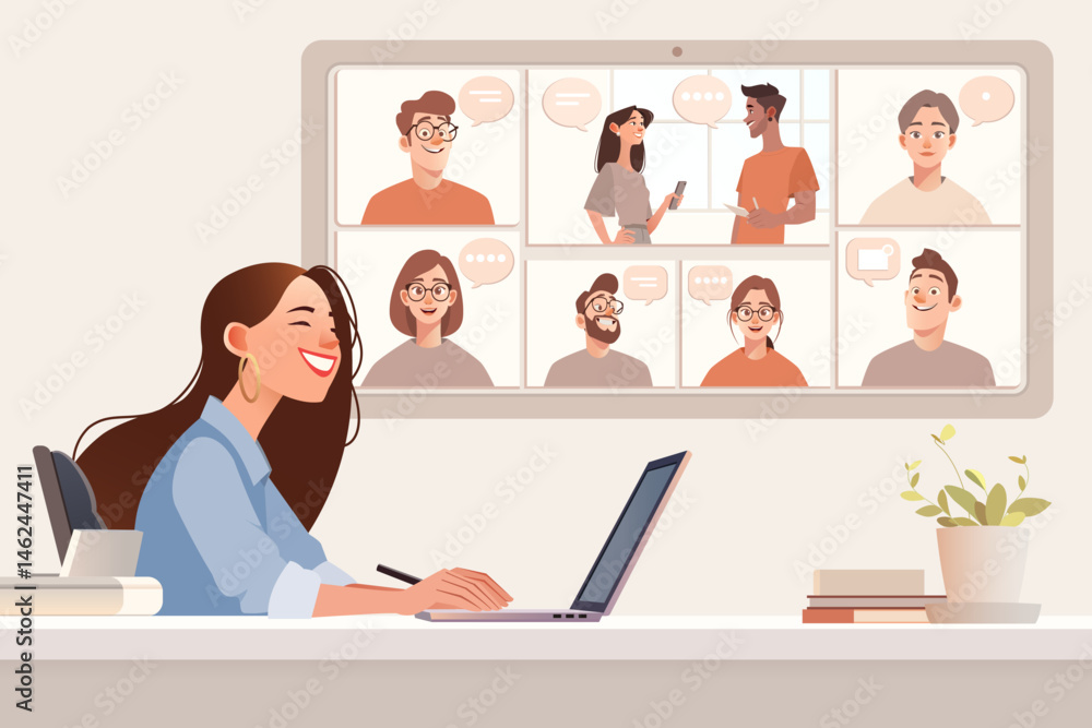 Fototapeta premium Virtual Team Video Conference with Diverse Group Collaborating Online