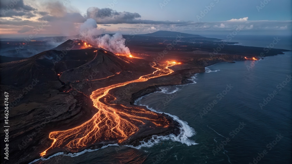 Fototapeta premium Aerial view of an erupting volcano with glowing lava flows streaming towards the ocean under dramatic skies.