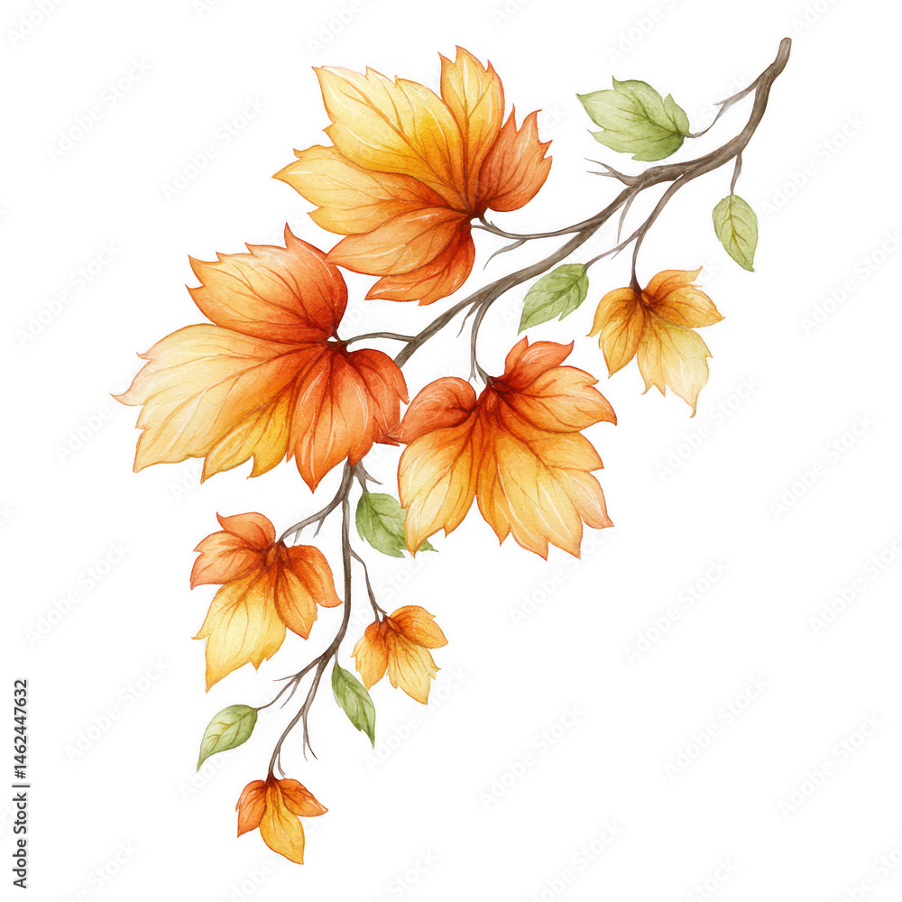 Fototapeta premium Watercolor painted autumn branch with orange leaves isolated on white background.