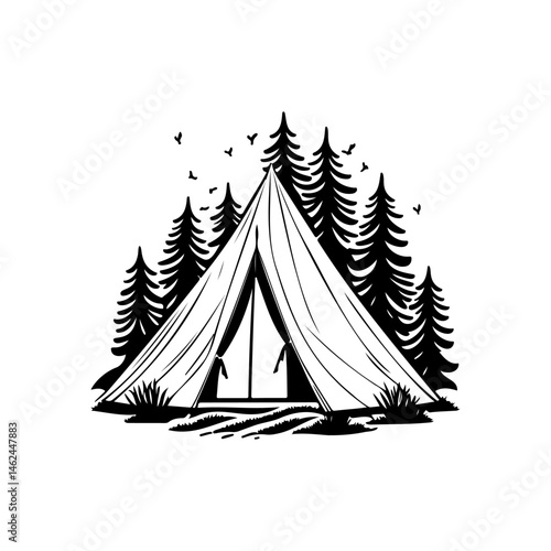 Monochrome camping scene featuring a tent nestled amidst evergreen trees