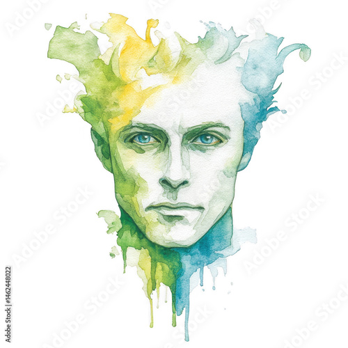 Obraz na płótnie Watercolor portrait displays a man with vibrant color splatters around head w salonie