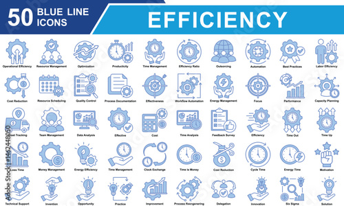 Efficiency Icon Set Collection. Containing Operational Efficiency, Resource Management, Optimization, Producticity, Cost Reduction, Time Management, Effective. Simple Blue Line Vector Illustration
