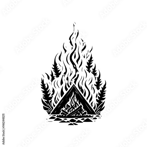 Stylized campfire illustration featuring graphic flames and abstract nature elements