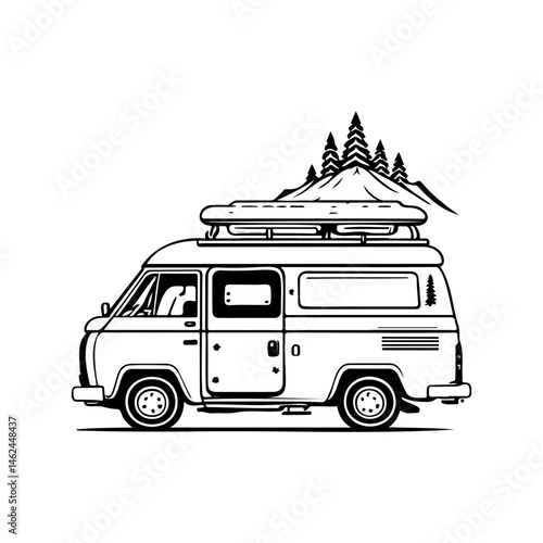 Stylized monochrome campervan illustration evoking adventure and exploration