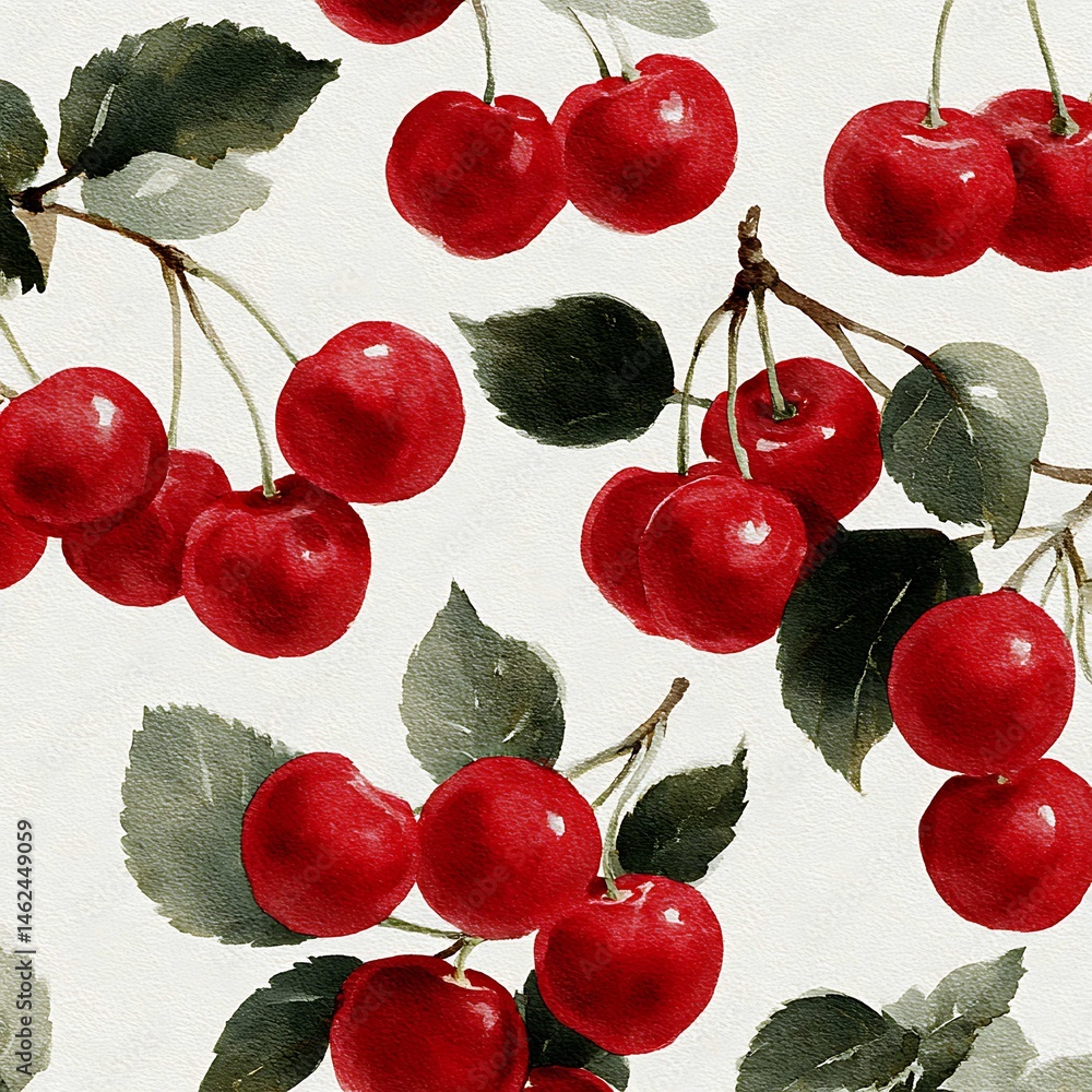 Vibrant Watercolor Red Cherry Pattern White Background Digital Art Floral Design Aesthetic Close-Up View