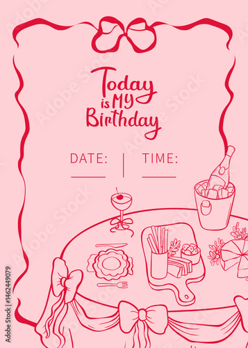 Minimalistic pink and red birthday invitation card template. Decorative bows and table setting. Festive dinner doodle background. Coquette Aesthetic style. Vector outline illustration.