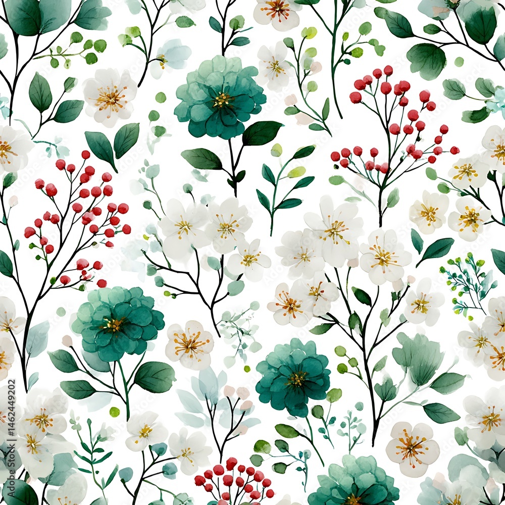 Blooming Floral Watercolor Pattern White Background Pastel Colors Nature Close-Up Botanical Art
