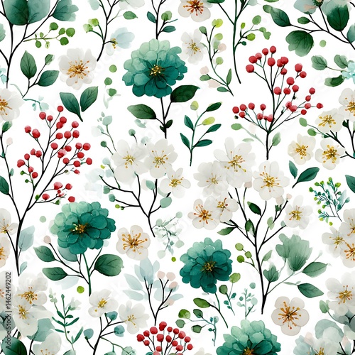 Obraz na płótnie Blooming Floral Watercolor Pattern White Background Pastel Colors Nature Close-Up Botanical Art w salonie