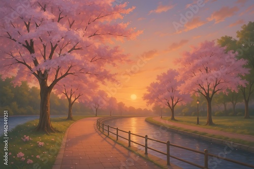 Afternoon street atmosphere in a park full of cherry blossoms