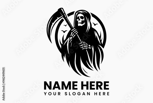 Vintage grim reaper illustration in black and white vector logo with detailed cloak and scythe, symbolizing mortality, power, and gothic horror with classic style  