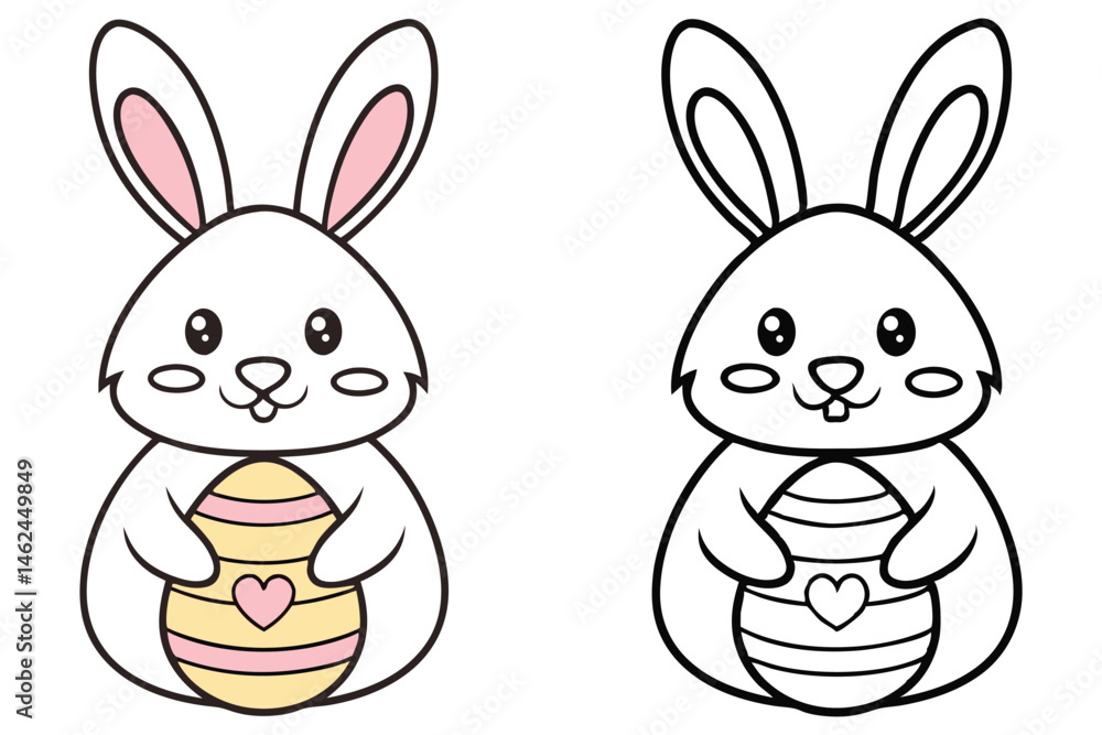 Fototapeta premium A cute bunny holds a colorful striped egg with a heart, one colored and outline