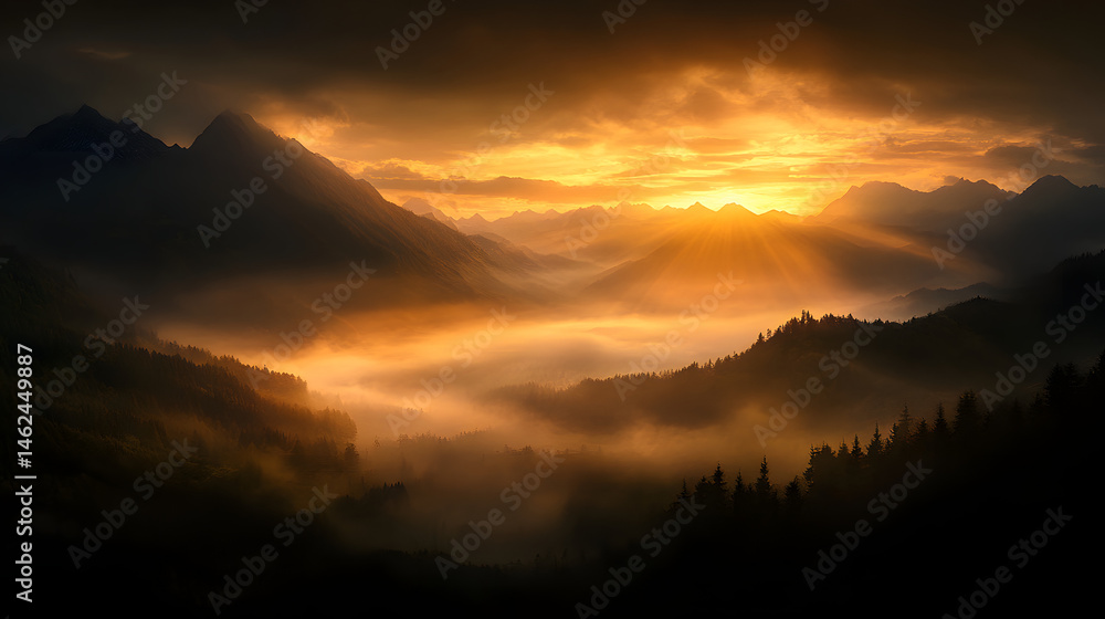 Obraz premium A mystical view of misty mountains and valleys at dawn, with fog blanketing the peaks and the golden sunrise light emerging in the distance.