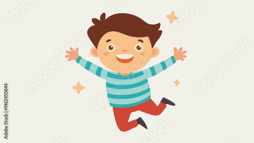 Excited Kid with Cheerful Expression A small child with tousled brown hair dressed in a striped shirt is shown midleap with one arm raised high. The characters eyes sparkle with