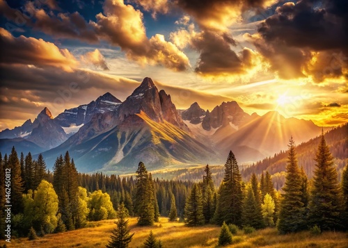 Vintage Sunset Mountain Landscape Photography - Golden Hour Scenic View