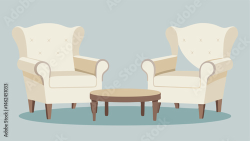 Two matching armchairs in a creamy linen fabric sit opposite a wooden coffee table with a distressed whitewashed finish.