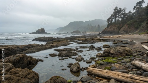 Rocky coastline with driftwood, tide pools, and misty forested hills under a cloudy sky.