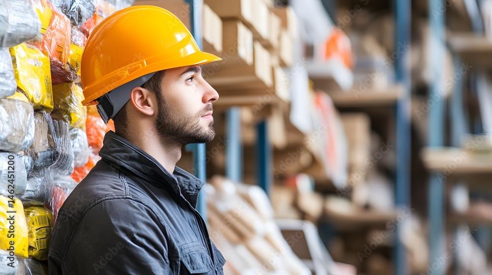 Warehouse worker in protective gear, thoughtful profile view. Warehouse worker in protective gear, thoughtful profile view.