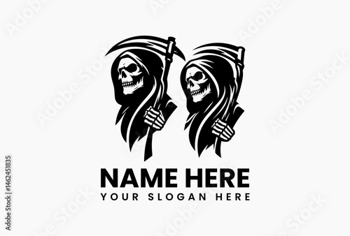Minimalist line-art grim reaper holding a scythe in hooded cloak, elegant black and white vector logo design evoking mystery, darkness, and timeless death symbolism  