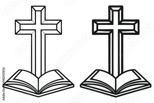 Two outlined Christian crosses rest upon open Bibles in this clean, art