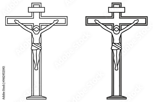 Two cross symbols each showing line art of a person crucified on it, transparent
