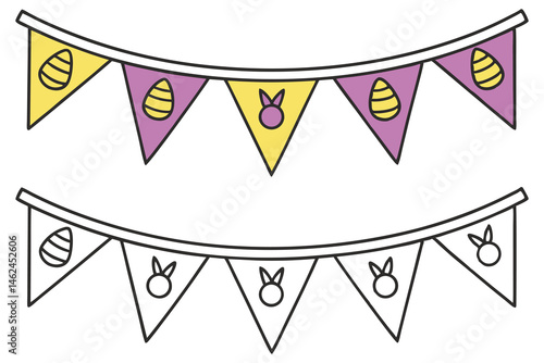 Two rows of simple flag garlands display bunnies and eggs against a white backdrop