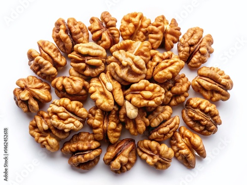 Walnut Kernels, Isolated Top View, Set of Purified Walnuts, White Background, Healthy Food Ingredient