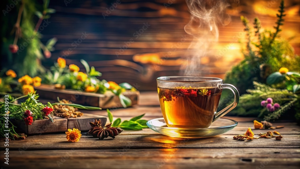 Warm Herbal Tea in Rustic Mug on Wooden Table - Cozy Autumn Drink Warm Herbal Tea in Rustic Mug on Wooden Table - Cozy Autumn Drink