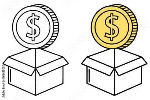 Dollar coins poised above open boxes represent investment or savings, one is colored