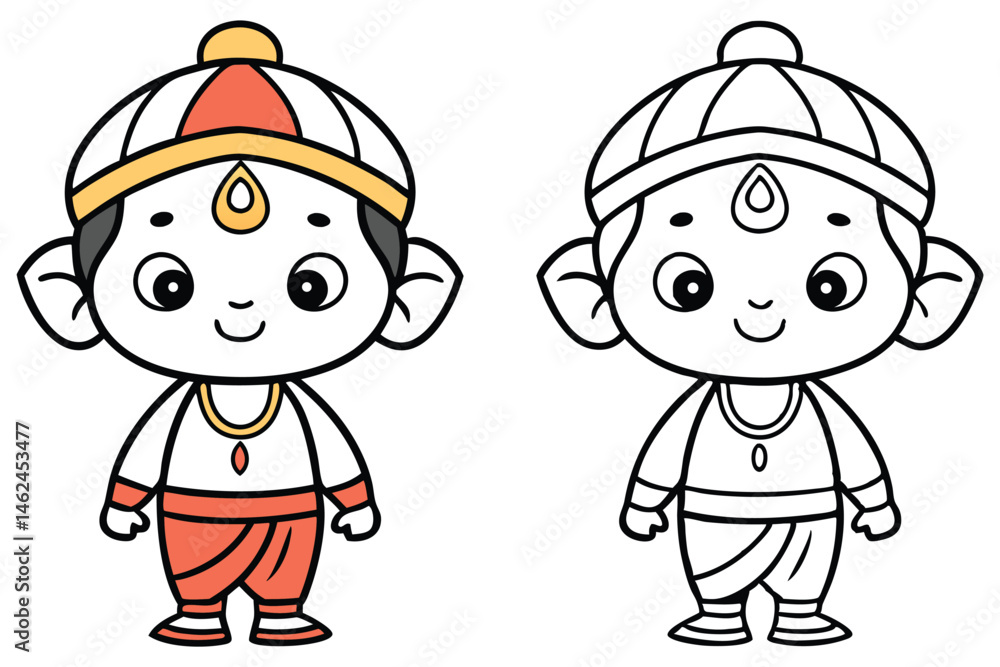 Smiling cartoon deity figure has a color and line art version for coloring pages