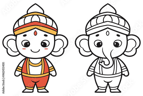An Indian cartoon Ganesha character stands next to the uncolored version on transparent backdrop