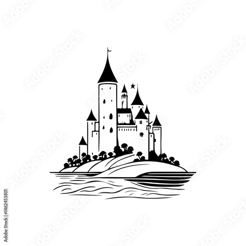 Fantasy castle illustration on hilltop island above the undulating water surface