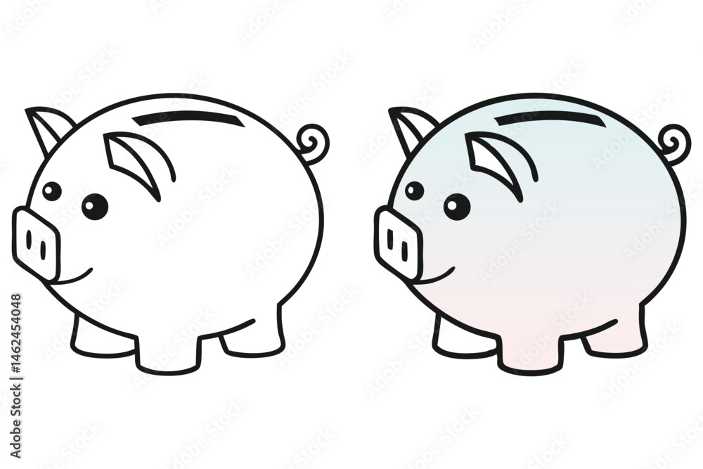 Two different cartoon piggy bank designs stand against a white background side by side Two different cartoon piggy bank designs stand against a white background side by side