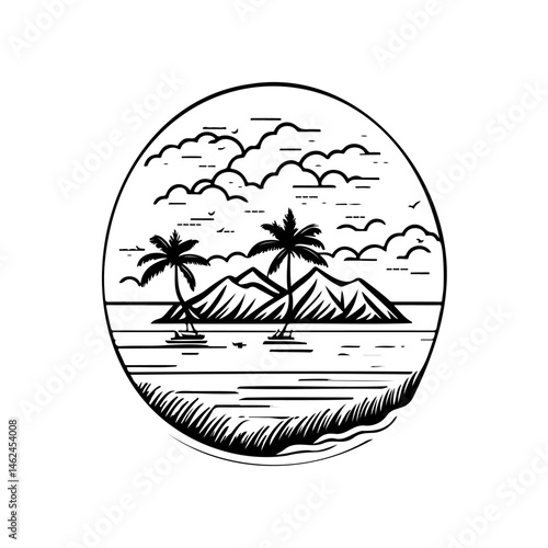 Tranquil tropical island illustration in simple black and white line art