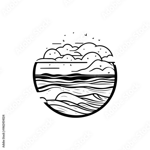 Abstract minimalist linework circle featuring ocean waves and clouded skies