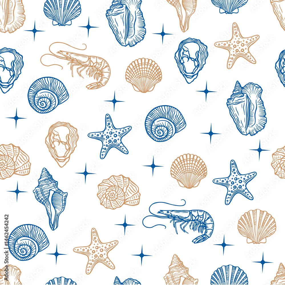 Seamless marine life pattern with seashells, starfish, and shrimp. Hand drawn vector illustration Seamless marine life pattern with seashells, starfish, and shrimp. Hand drawn vector illustration