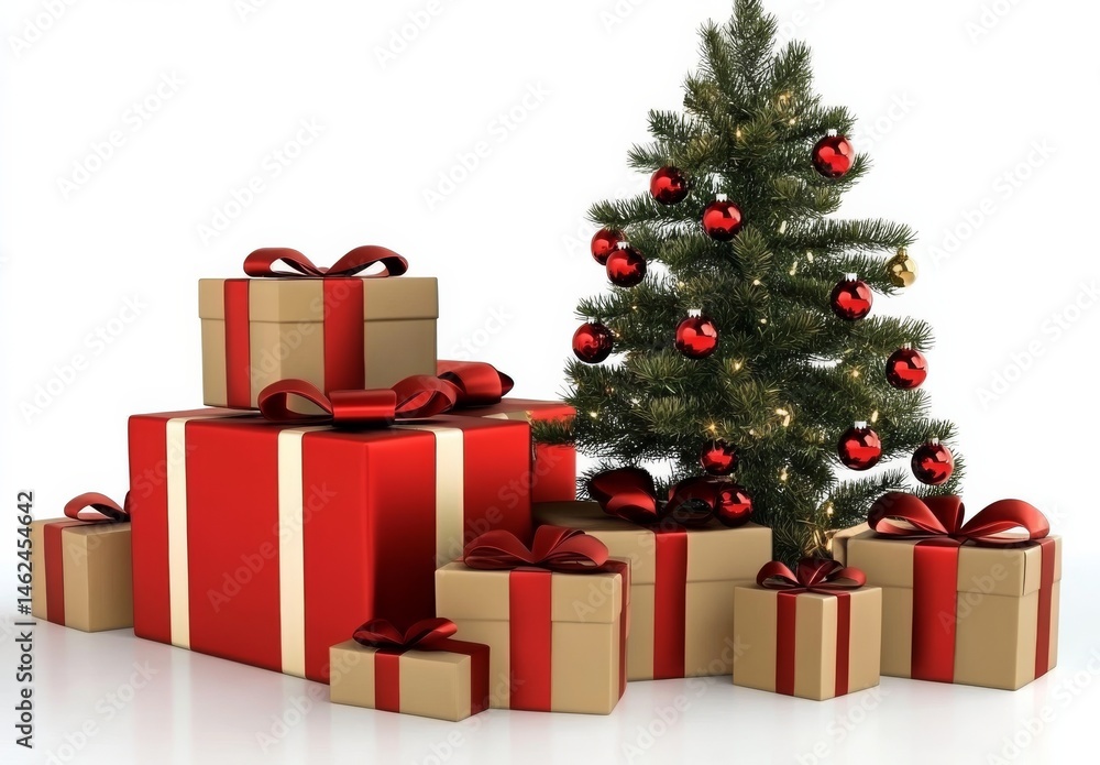 Christmas Tree with Red Ornaments and Gift Boxes with Red Ribbons,Holiday ,Presents Christmas Tree with Red Ornaments and Gift Boxes with Red Ribbons,Holiday ,Presents