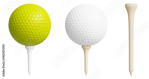 Fototapeta Naklejka Na Ścianę i Meble -  Lime Green, Yellow-green Golf ball and white golf ball on a white and wooden golf tee 3d render illustration isolated on transparent background
