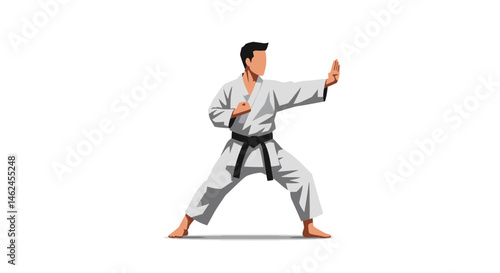 Karateka in White Gi Performing Stance with Bare Feet and Focused Expression