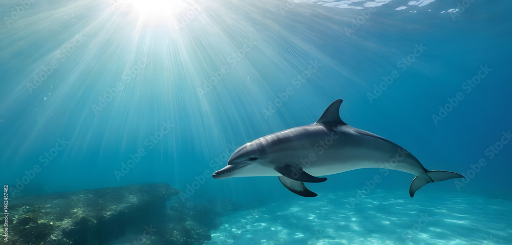 Obraz premium dolphin glides through clear blue water, capturing the beauty of marine life, freedom of the ocean, and underwater tranquility. 